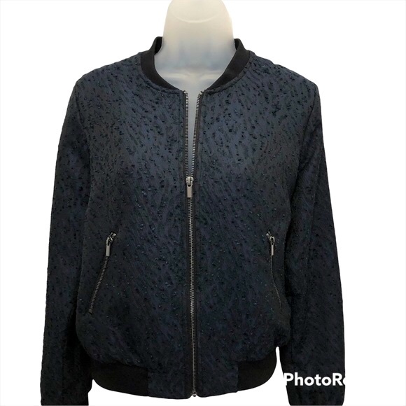 H&M Jacket Boucle Bomber Baseball Style Navy with Black Ribbed Collar &  Cuffs 8 - Picture 2 of 6